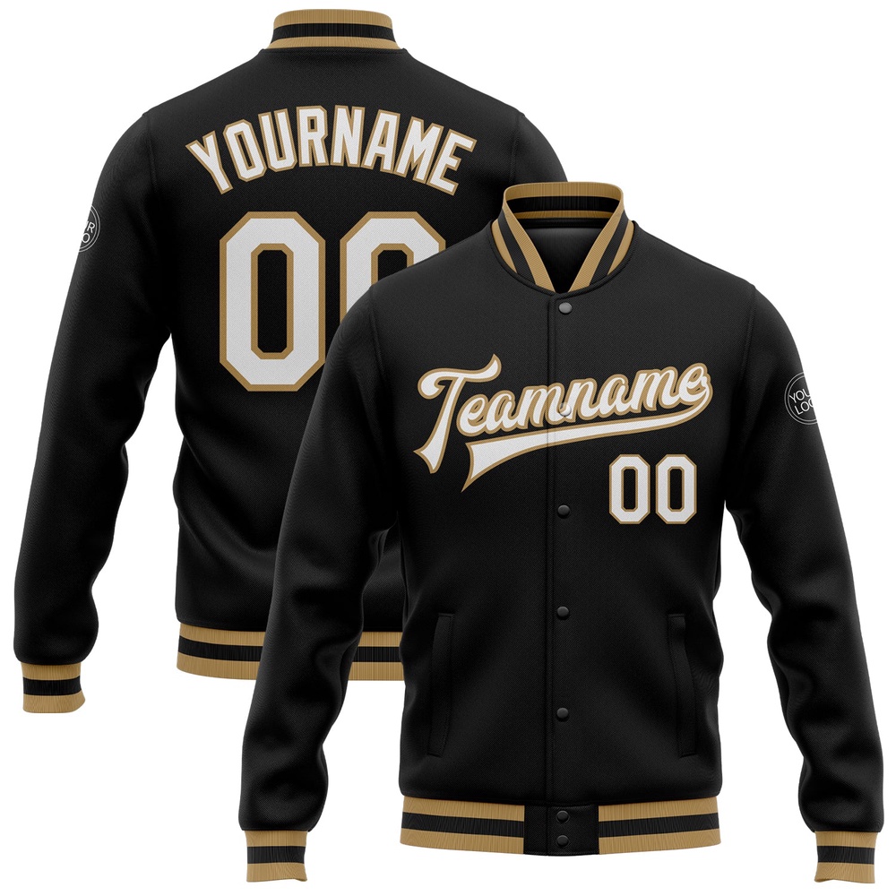 Custom Black White Old Gold Bomber Full Snap Baseball Jacket, Custom Team Jacket