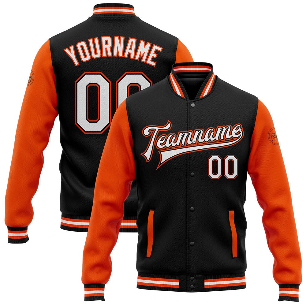 Custom Black White Orange Bomber Full Snap Varsity Baseball Jacket, Custom Team Jacket