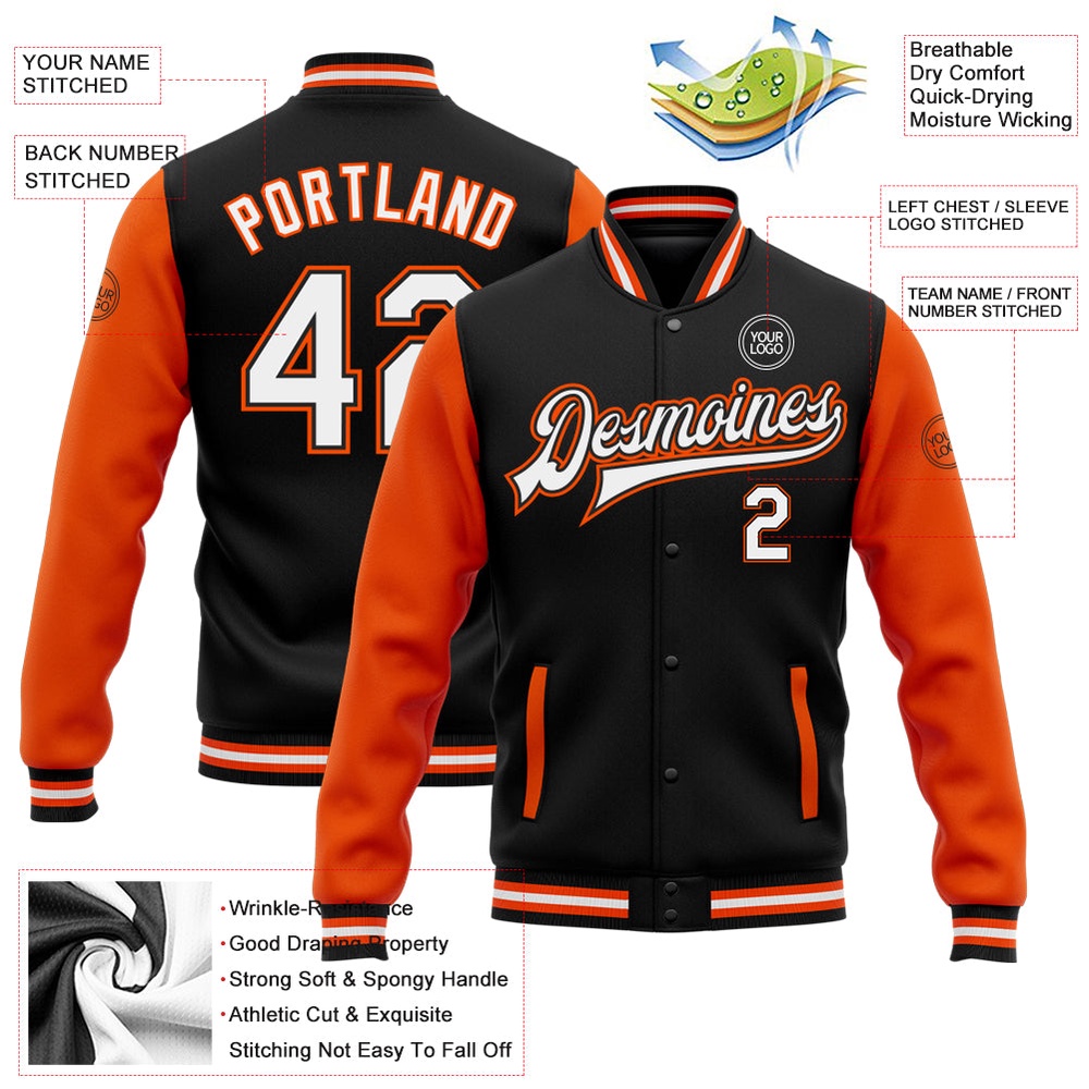 Custom Black White Orange Bomber Full Snap Varsity Baseball Jacket, Custom Team Jacket