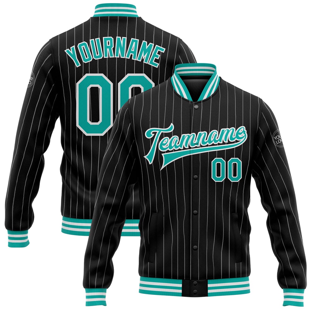 Custom Black White Pinstripe Aqua Bomber Full Snap Baseball Jacket, Custom Team Jacket