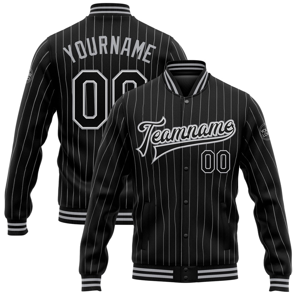 Custom Black White Pinstripe Black Gray Bomber Full Snap Baseball Jacket, Custom Team Jacket