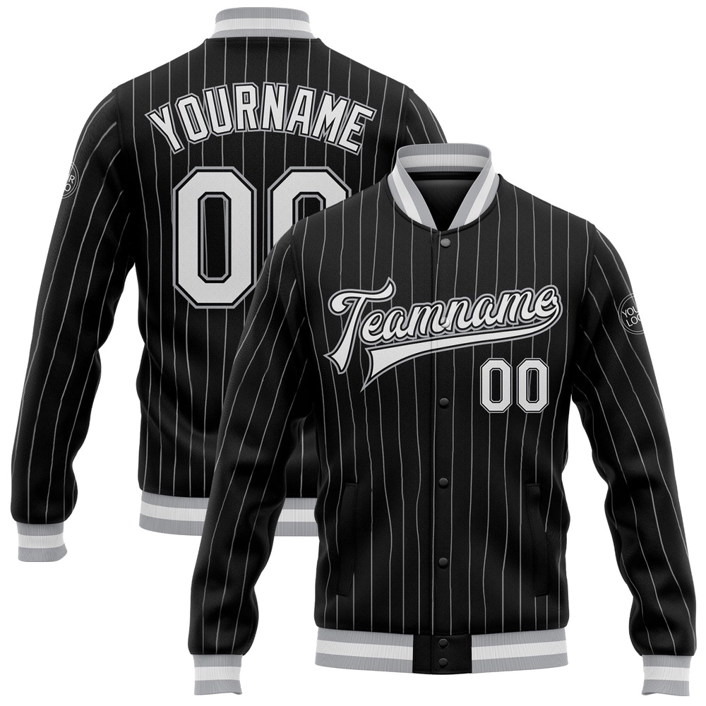 Custom Black White Pinstripe Gray Bomber Full Snap Baseball Jacket, Custom Team Jacket