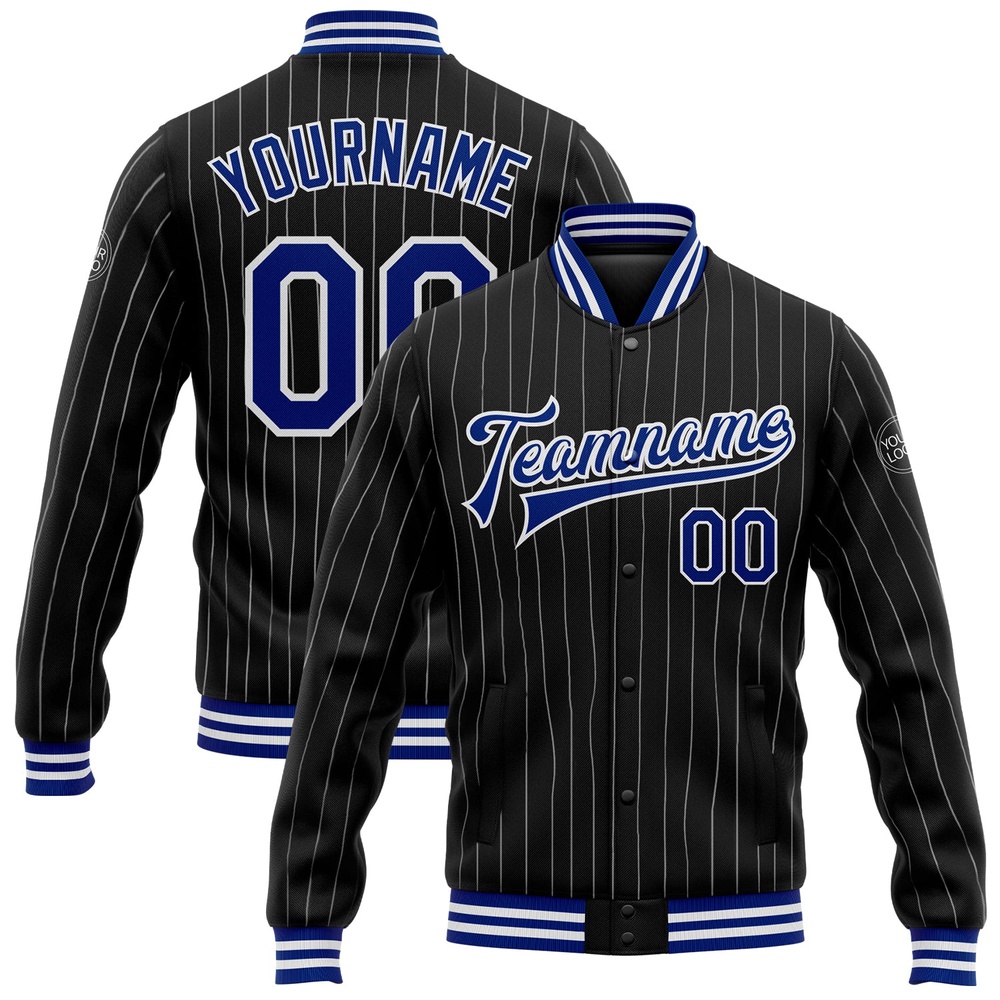 Custom Black White Pinstripe Royal Bomber Full Snap Baseball Jacket, Custom Team Jacket