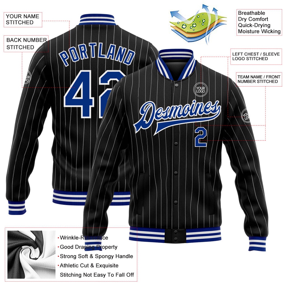 Custom Black White Pinstripe Royal Bomber Full Snap Baseball Jacket, Custom Team Jacket