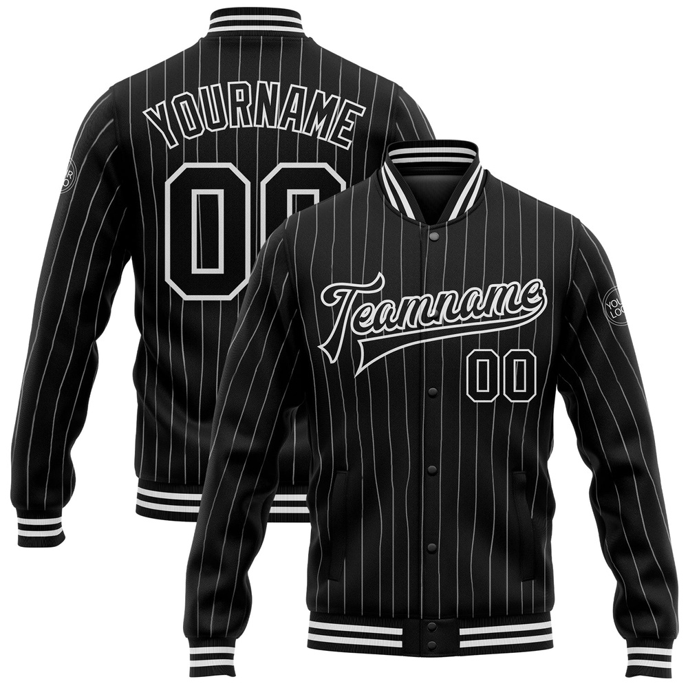 Custom Black White Pinstripe White Bomber Full Snap Baseball Jacket, Custom Team Jacket
