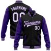 Custom Black White Purple Gray Bomber Full Snap Varsity Baseball Jacket, Custom Team Jacket