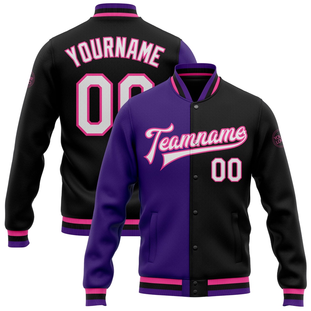 Custom Black White Purple Pink Bomber Full Snap Varsity Letterman Split Fashion Jacket, Custom Team Jacket