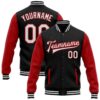 Custom Black White Red Bomber Full Snap Varsity Letterman Split Fashion Jacket, Custom Team Jacket