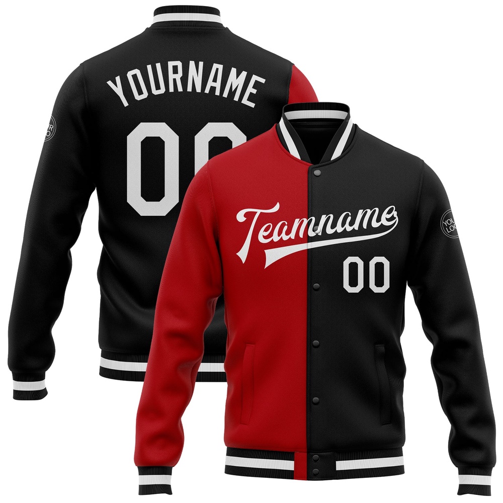 Custom Black White Red Bomber Full Snap Varsity Letterman Split Fashion Jacket, Custom Team Jacket