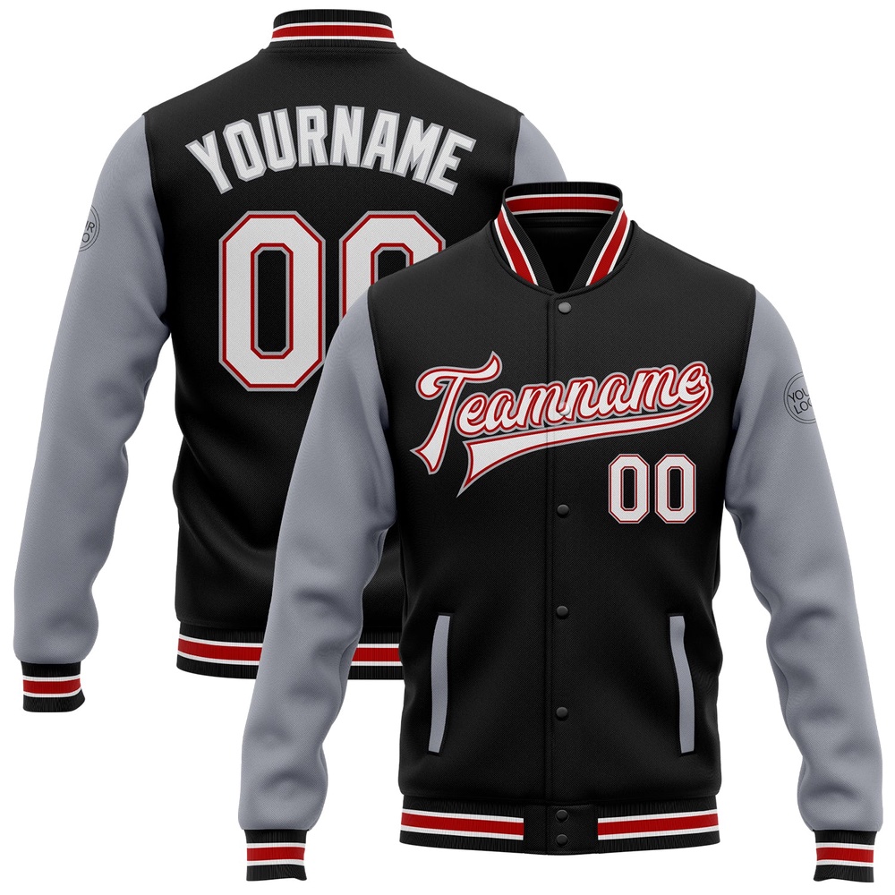 Custom Black White Red Gray Bomber Full Snap Varsity Baseball Jacket, Custom Team Jacket