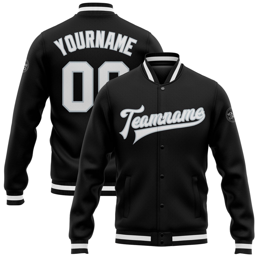 Custom Black White Silver Bomber Full Snap Baseball Jacket, Custom Team Jacket