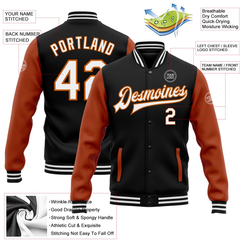 Custom Black White Texas Orange Bomber Full Snap Varsity Baseball Jacket, Custom Team Jacket