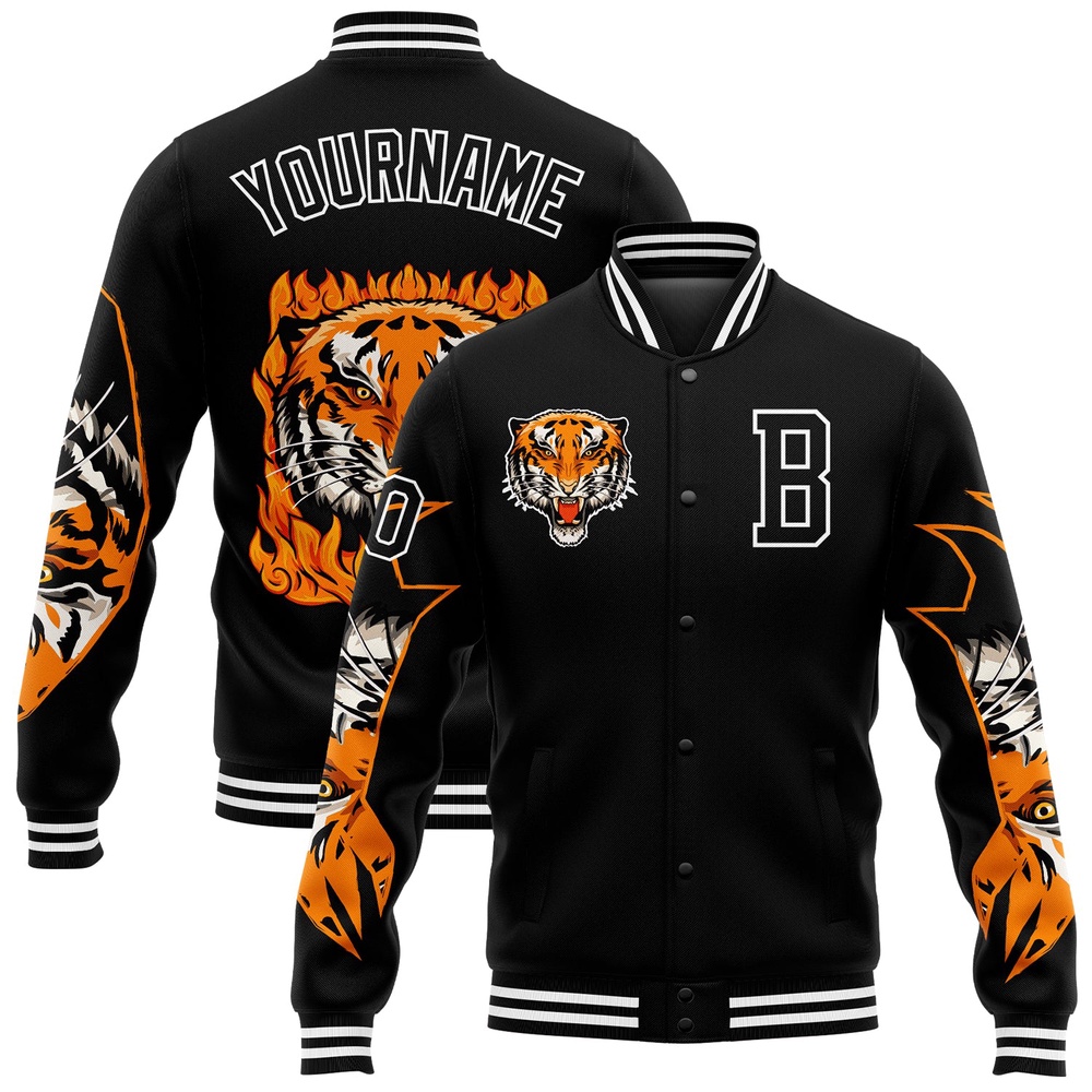 Custom Black White Tiger 3D Pattern Design Bomber Full Snap Baseball Jacket, Custom Team Jacket
