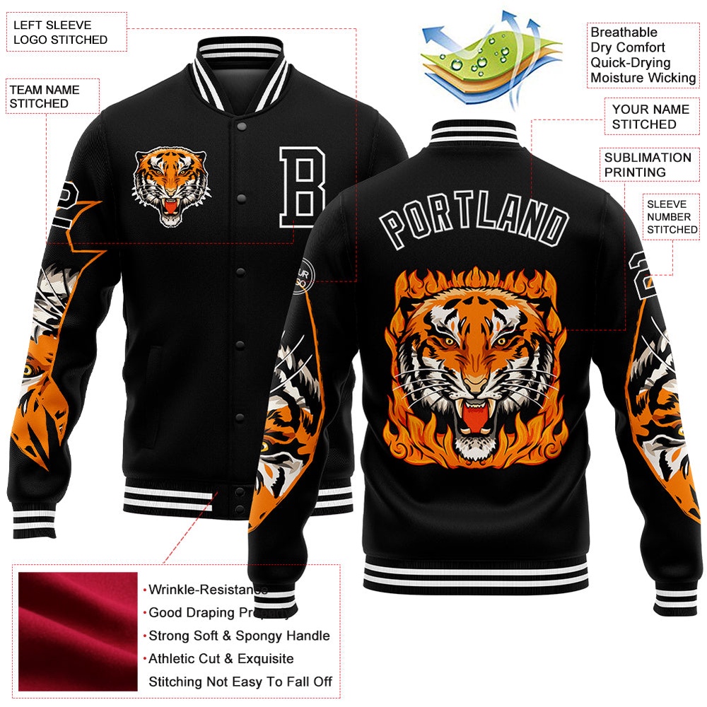 Custom Black White Tiger 3D Pattern Design Bomber Full Snap Baseball Jacket, Custom Team Jacket