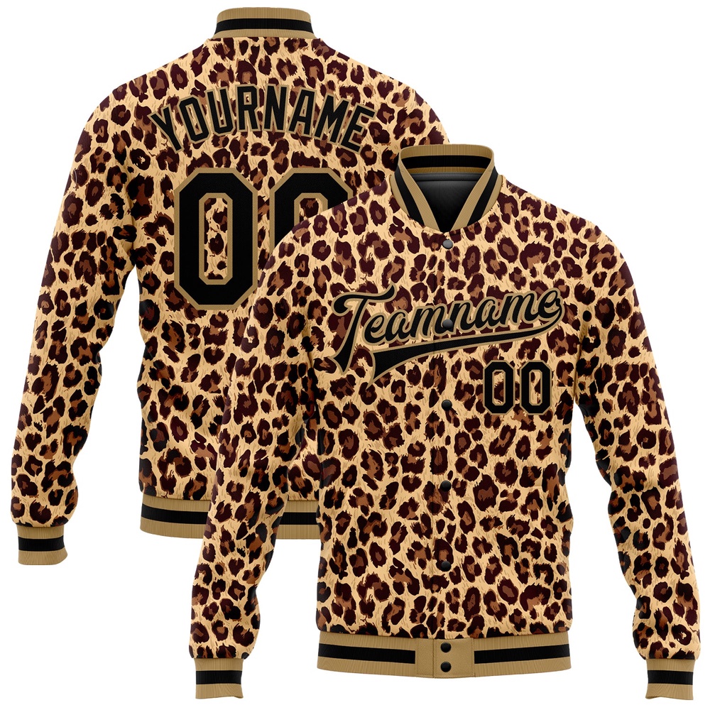 Custom Brown Black Old Gold Leopard 3D Pattern Design Bomber Full Snap Baseball Jacket, Custom Team Jacket