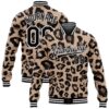 Custom Brown Black Old Gold Leopard 3D Pattern Design Bomber Full Snap Baseball Jacket, Custom Team Jacket