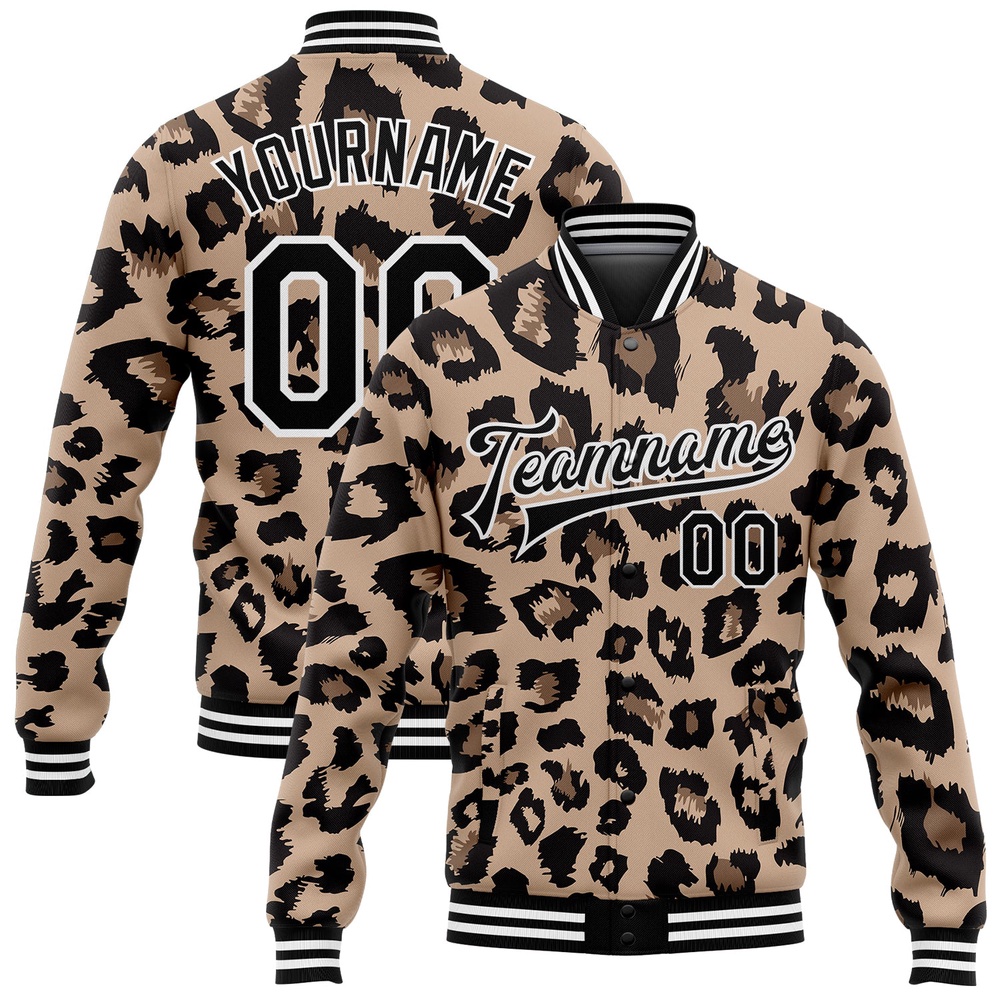 Custom Brown Black White Leopard Print 3D Pattern Design Bomber Full Snap Baseball Jacket, Custom Team Jacket