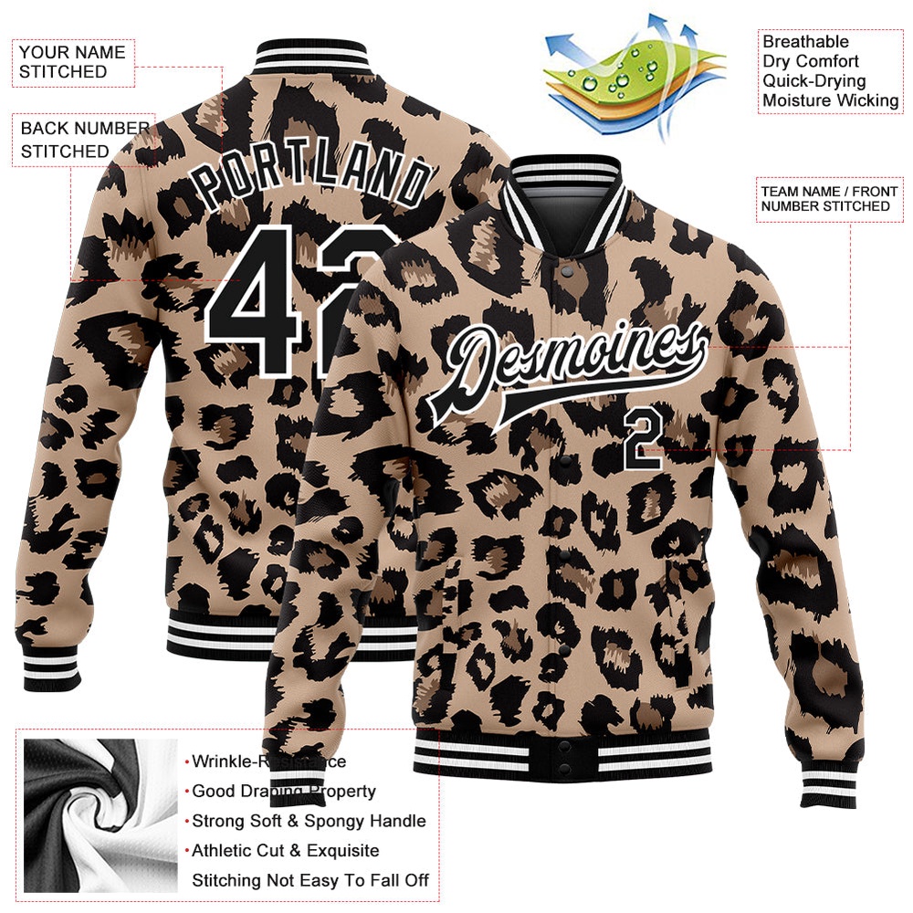 Custom Brown Black White Leopard Print 3D Pattern Design Bomber Full Snap Baseball Jacket, Custom Team Jacket