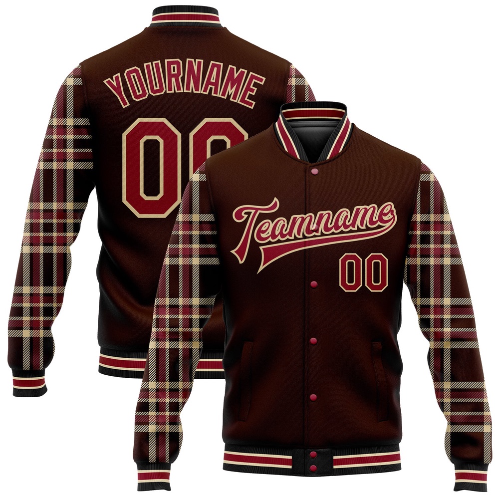 Custom Brown Crimson Vegas Gold Black City Cream Classic Western Plaid 3D Pattern Design Bomber Full Snap Baseball Jacket, Custom Team Jacket