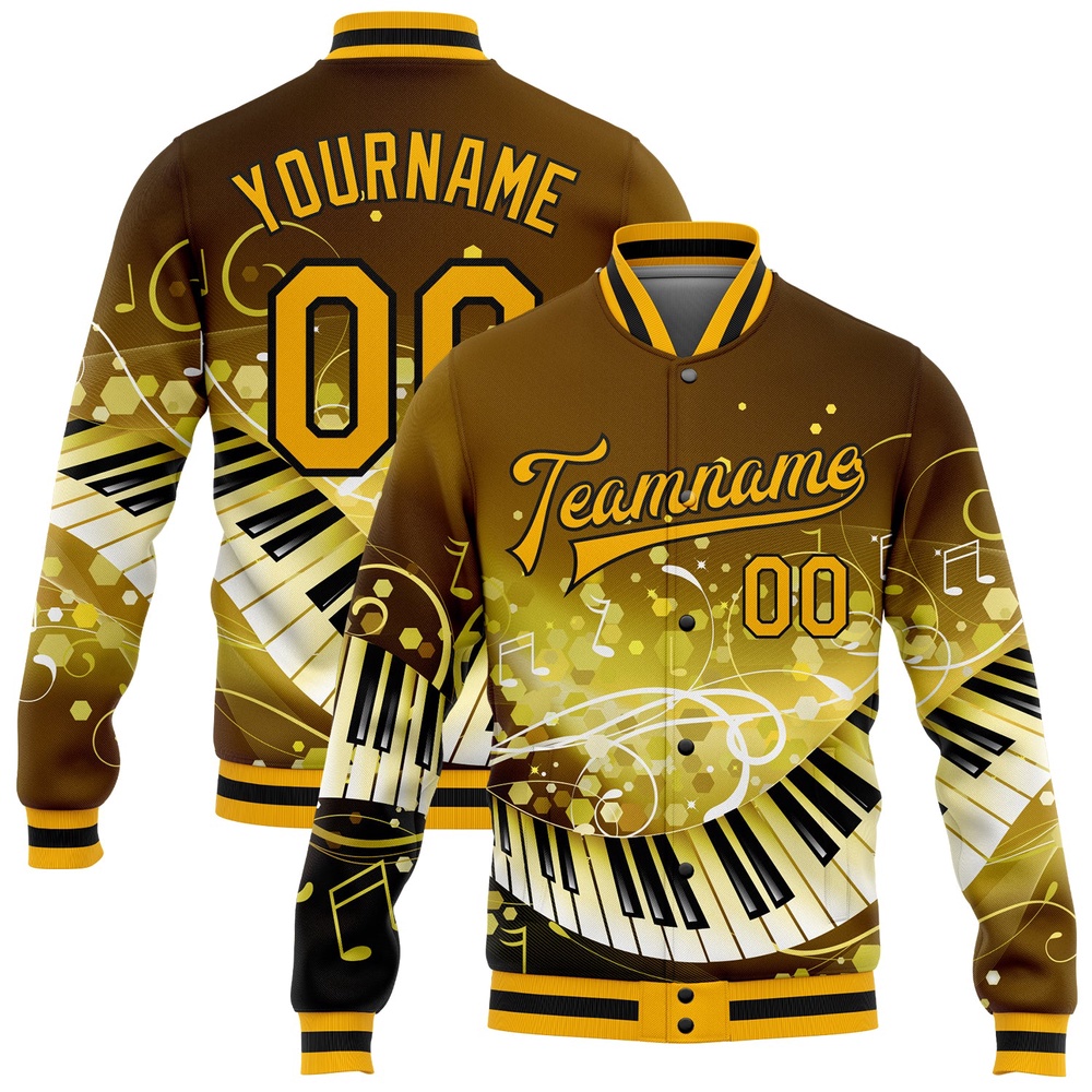 Custom Brown Gold Black Piano Music Festival 3D Pattern Design Bomber Full Snap Baseball Jacket, Custom Team Jacket