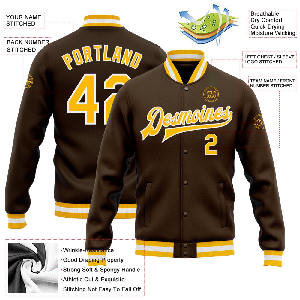 Custom Brown Gold White Bomber Full Snap Baseball Jacket, Custom Team Jacket