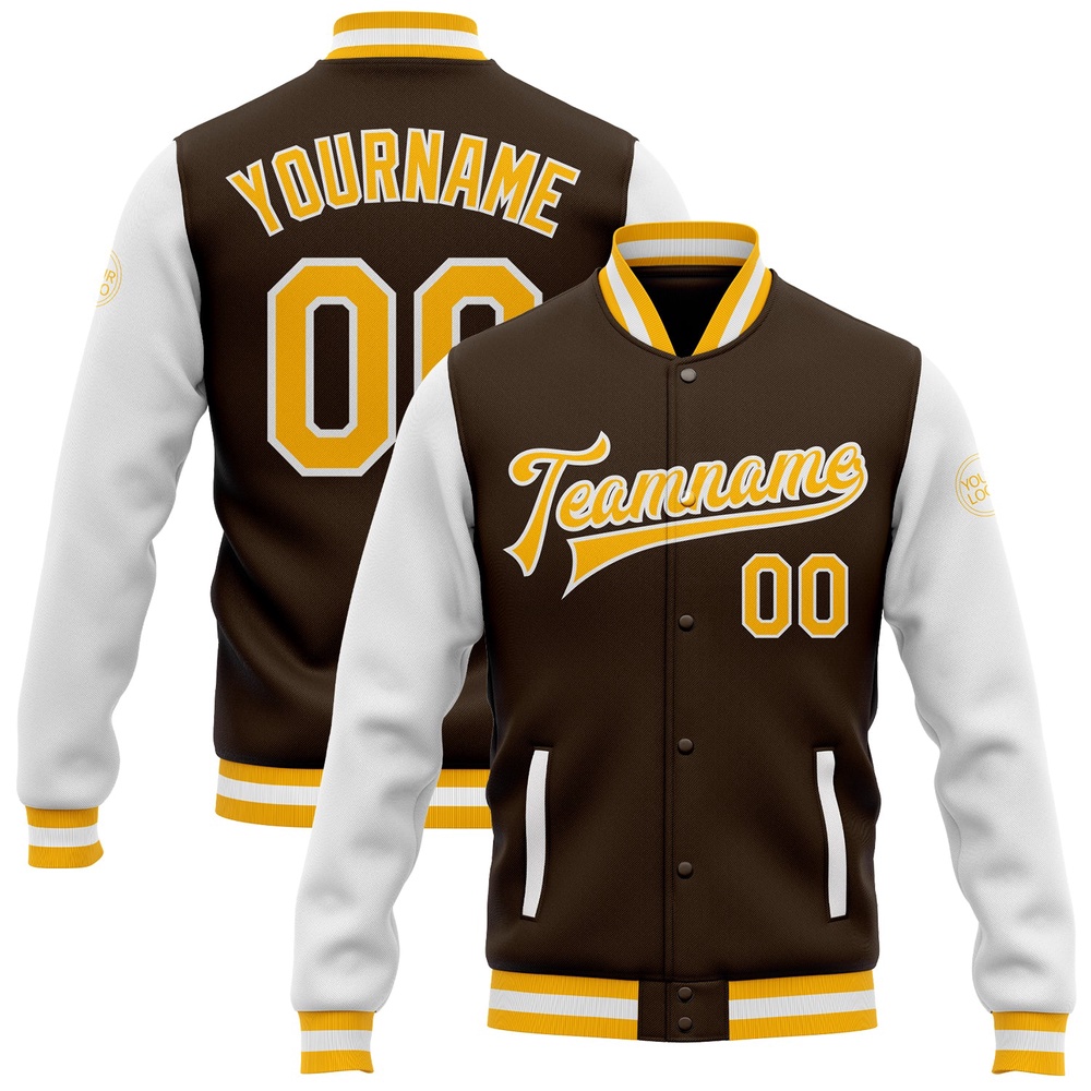 Custom Brown Gold White Bomber Full Snap Varsity Baseball Jacket, Custom Team Jacket