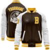 Custom Brown Gold White Bomber Full Snap Varsity Baseball Jacket, Custom Team Jacket