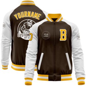 Custom Brown Gold White Bomber Varsity Baseball&hellip;