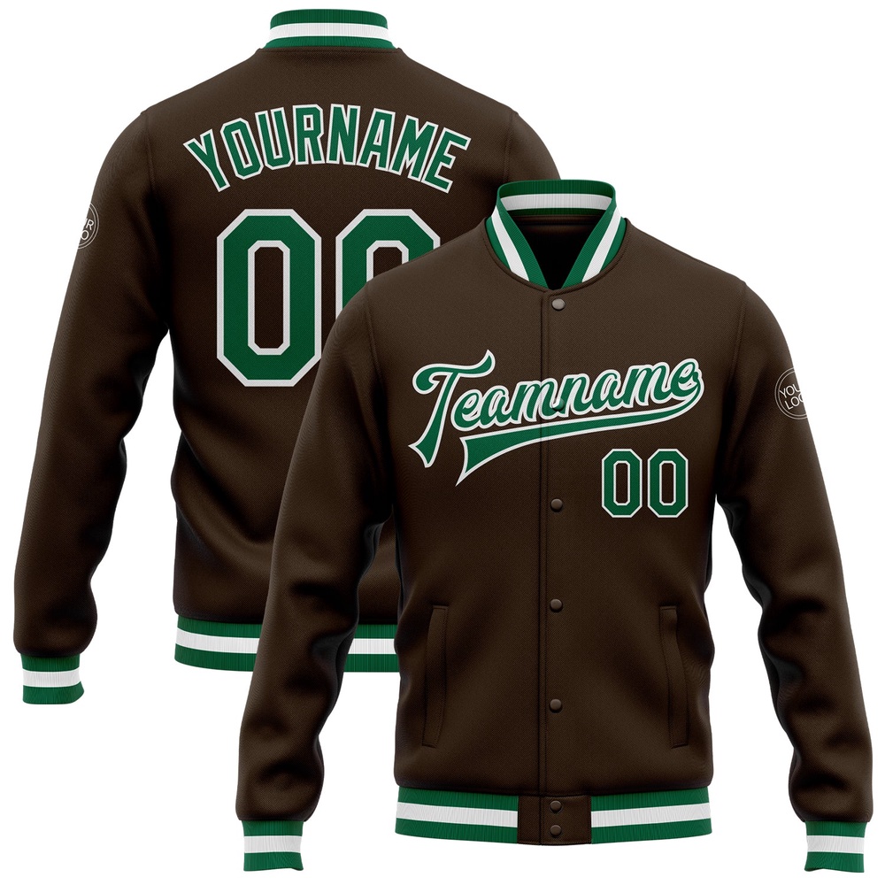 Custom Brown Kelly Green White Bomber Full Snap Baseball Jacket, Custom Team Jacket