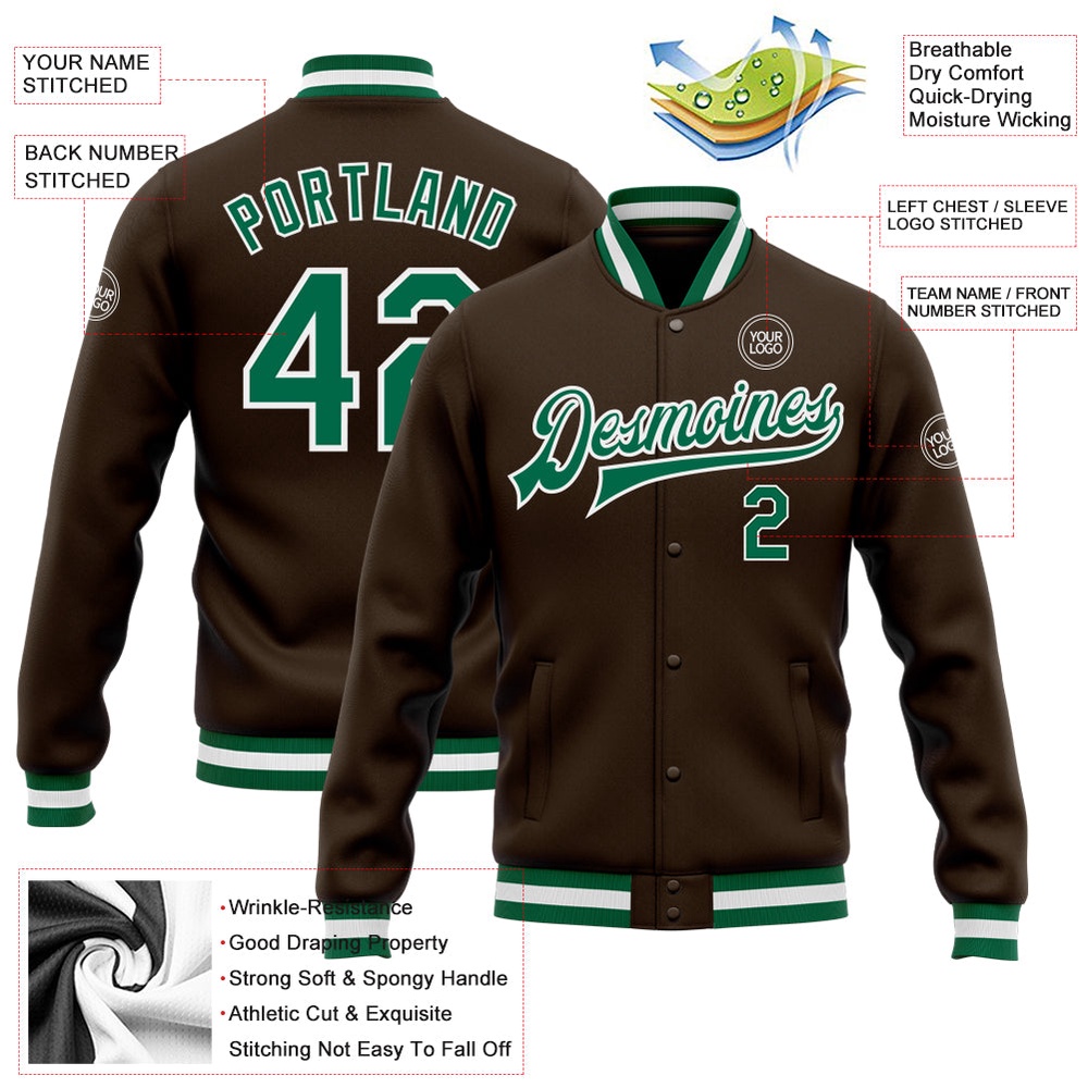 Custom Brown Kelly Green White Bomber Full Snap Baseball Jacket, Custom Team Jacket