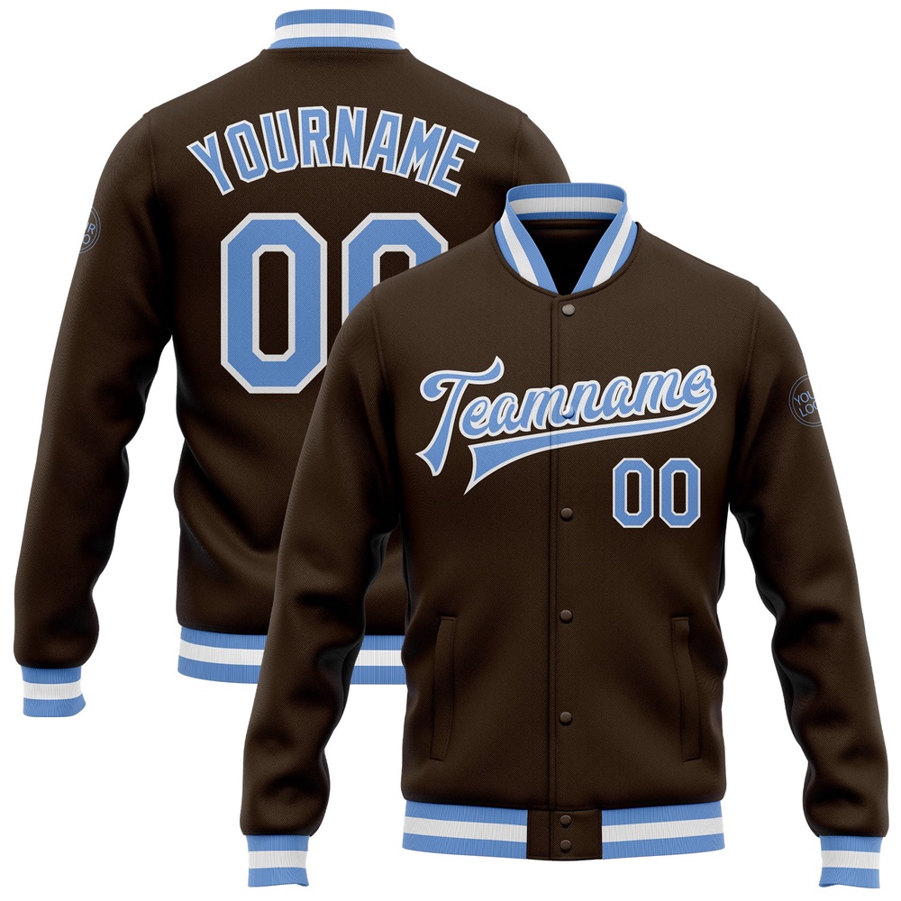 Custom Brown Light Blue White Bomber Full Snap Baseball Jacket, Custom Team Jacket