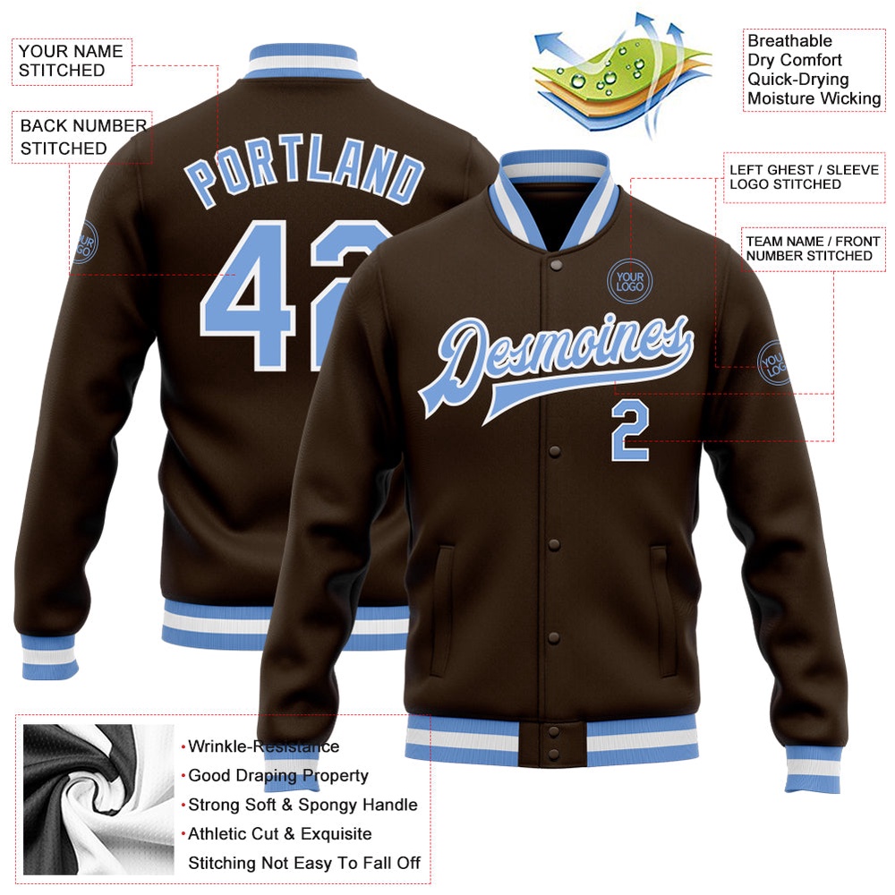 Custom Brown Light Blue White Bomber Full Snap Baseball Jacket, Custom Team Jacket