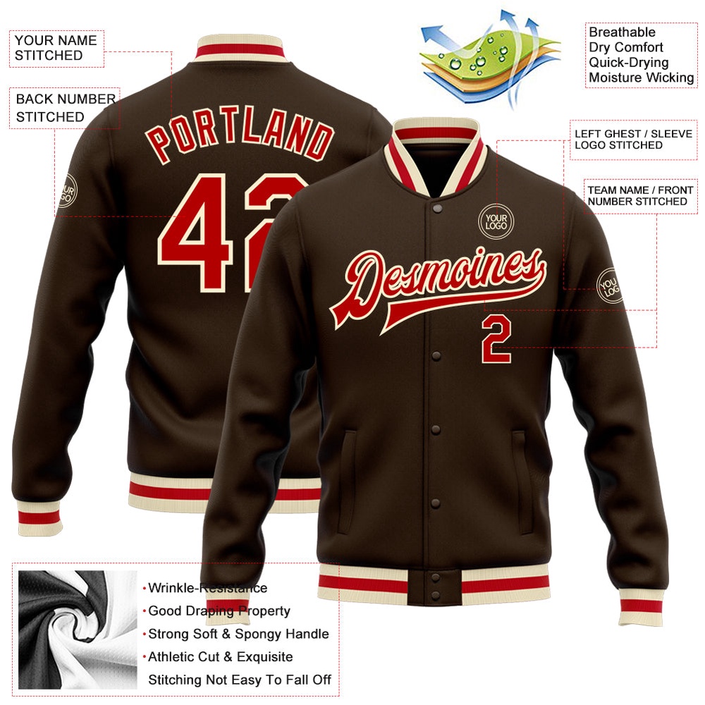 Custom Brown Red Cream Bomber Full Snap Baseball Jacket, Custom Team Jacket