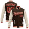 Custom Brown Red Cream Bomber Full Snap Baseball Jacket, Custom Team Jacket