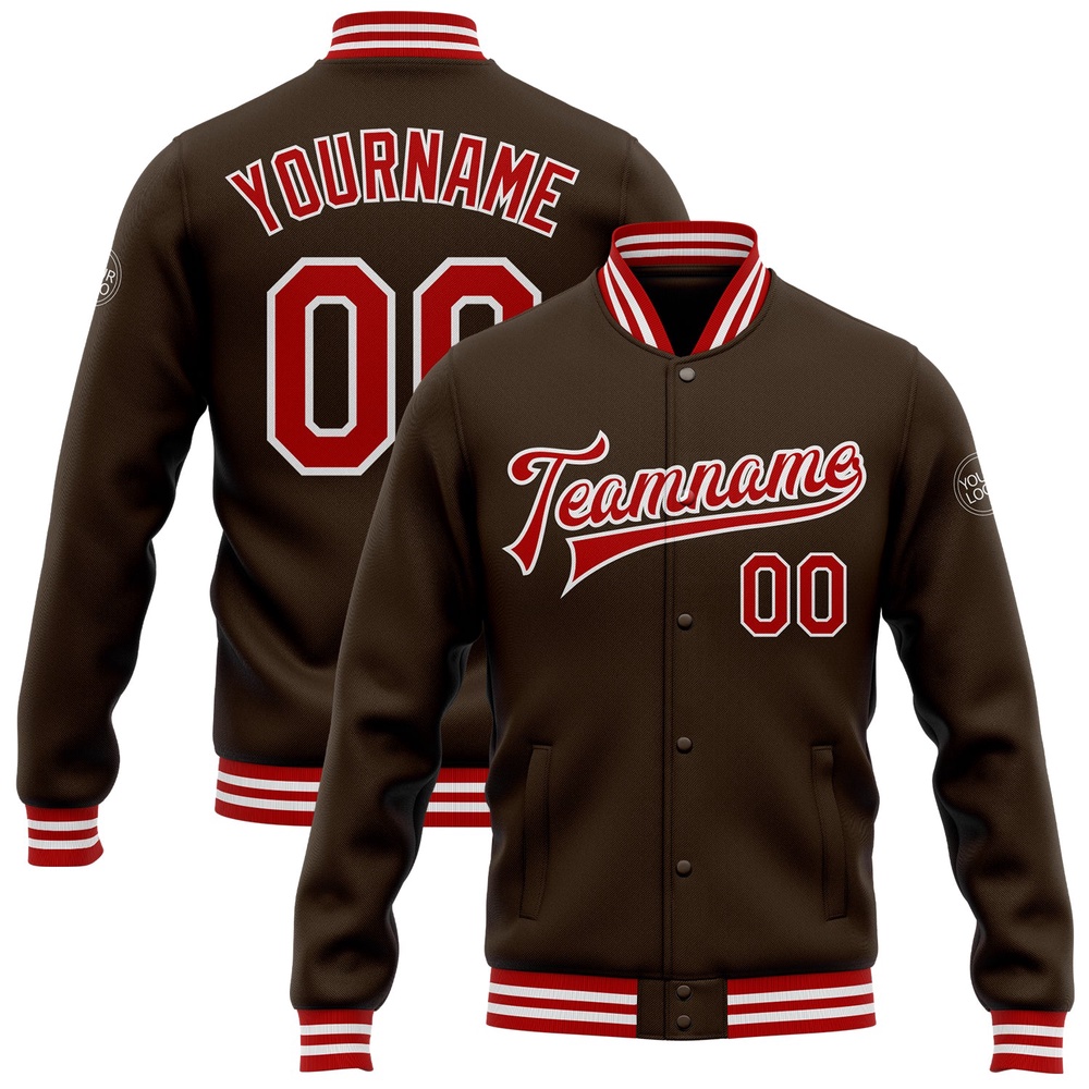 Custom Brown Red White Bomber Full Snap Baseball Jacket, Custom Team Jacket