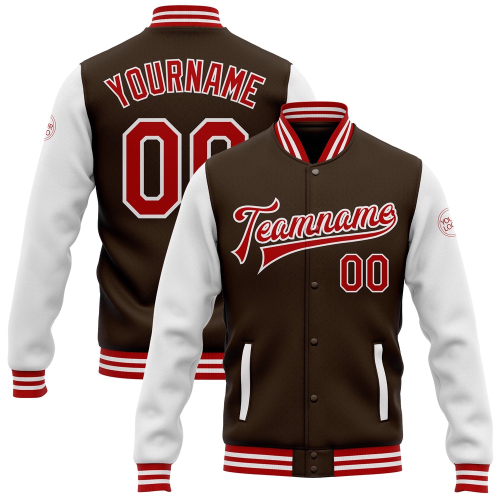 Custom Brown Red White Bomber Full Snap Varsity Baseball Jacket, Custom Team Jacket
