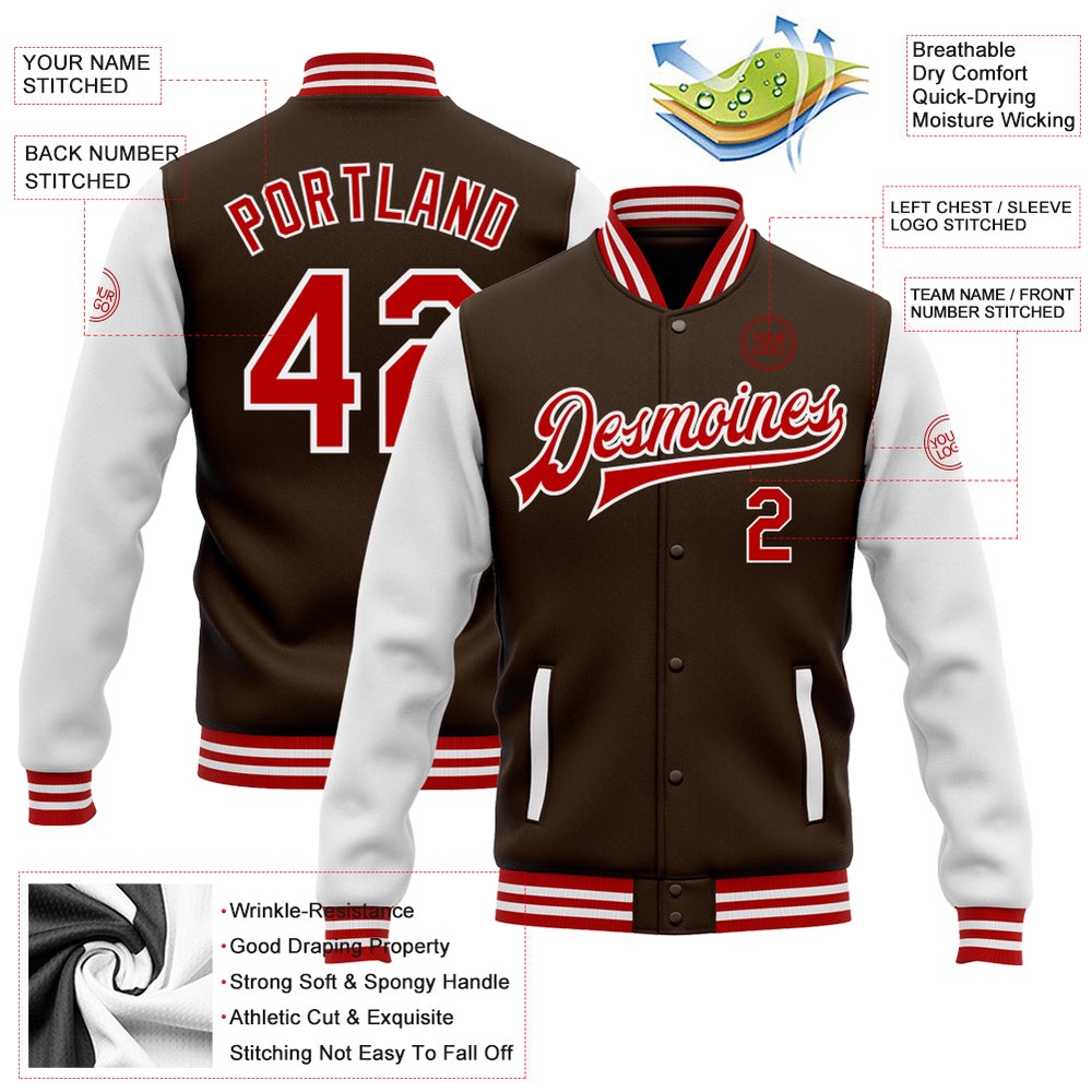 Custom Brown Red White Bomber Full Snap Varsity Baseball Jacket, Custom Team Jacket