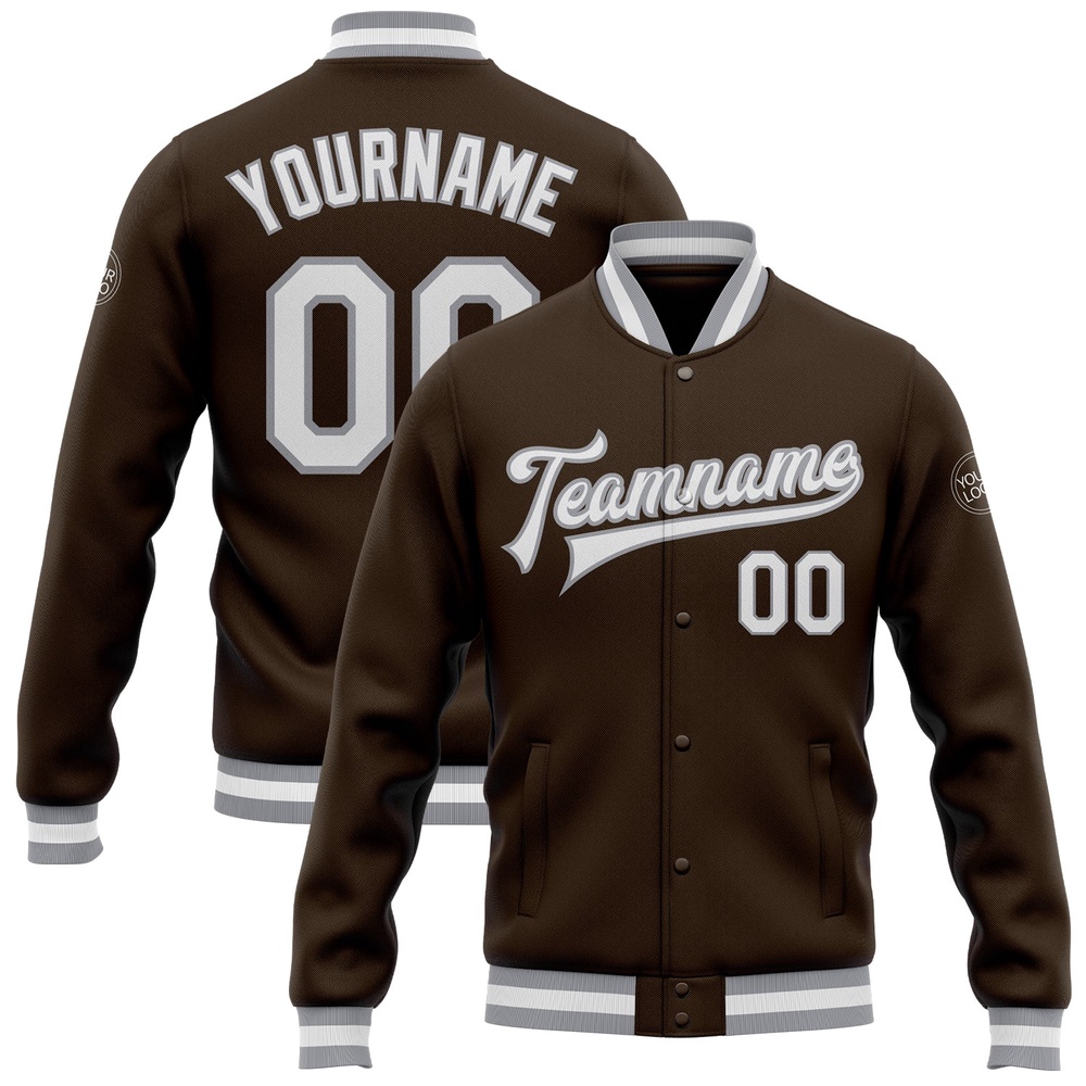 Custom Brown White Gray Bomber Full Snap Baseball Jacket, Custom Team Jacket