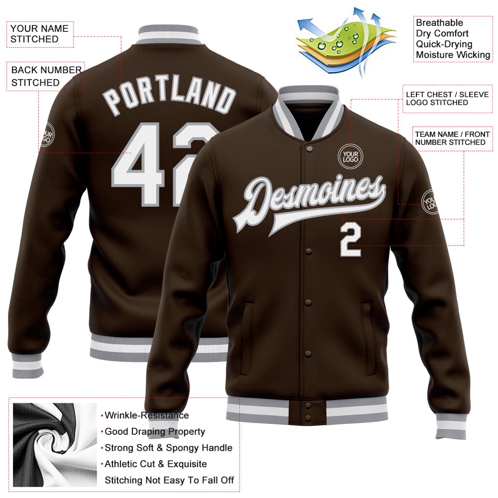 Custom Brown White Gray Bomber Full Snap Baseball Jacket, Custom Team Jacket