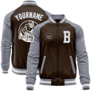 Custom Brown White Gray Bomber Varsity Baseball&hellip;