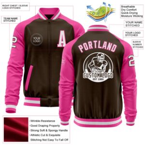Custom Brown White Pink Bomber Varsity Baseball&hellip;