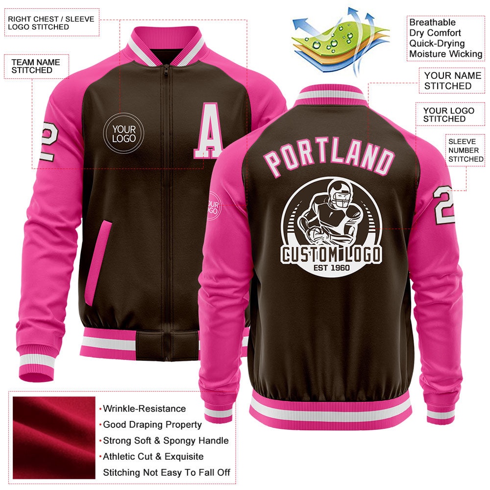 Custom Brown White Pink Bomber Varsity Baseball Jacket, Custom Team Jacket