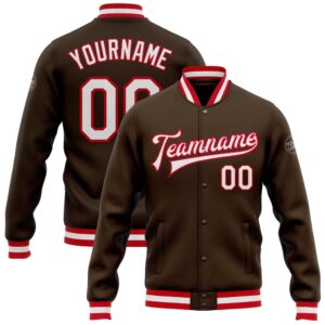 Custom Brown White Red Bomber Full Snap&hellip;