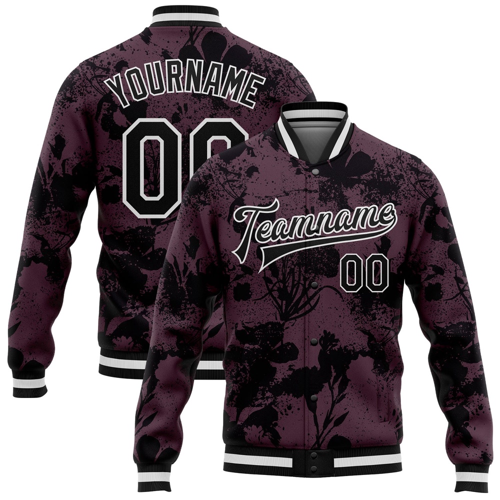 Custom Burgundy Black White Plant And Flower 3D Pattern Design Bomber Full Snap Baseball Jacket, Custom Team Jacket