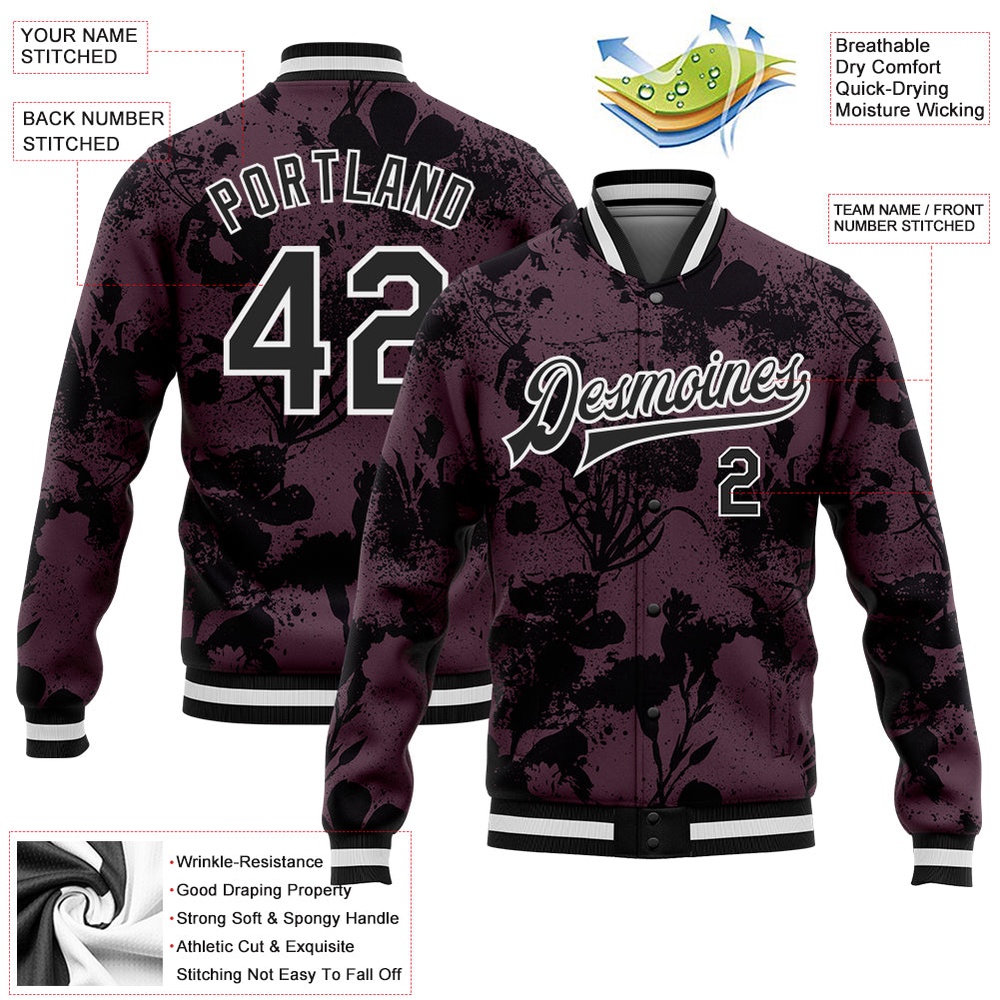 Custom Burgundy Black White Plant And Flower 3D Pattern Design Bomber Full Snap Baseball Jacket, Custom Team Jacket