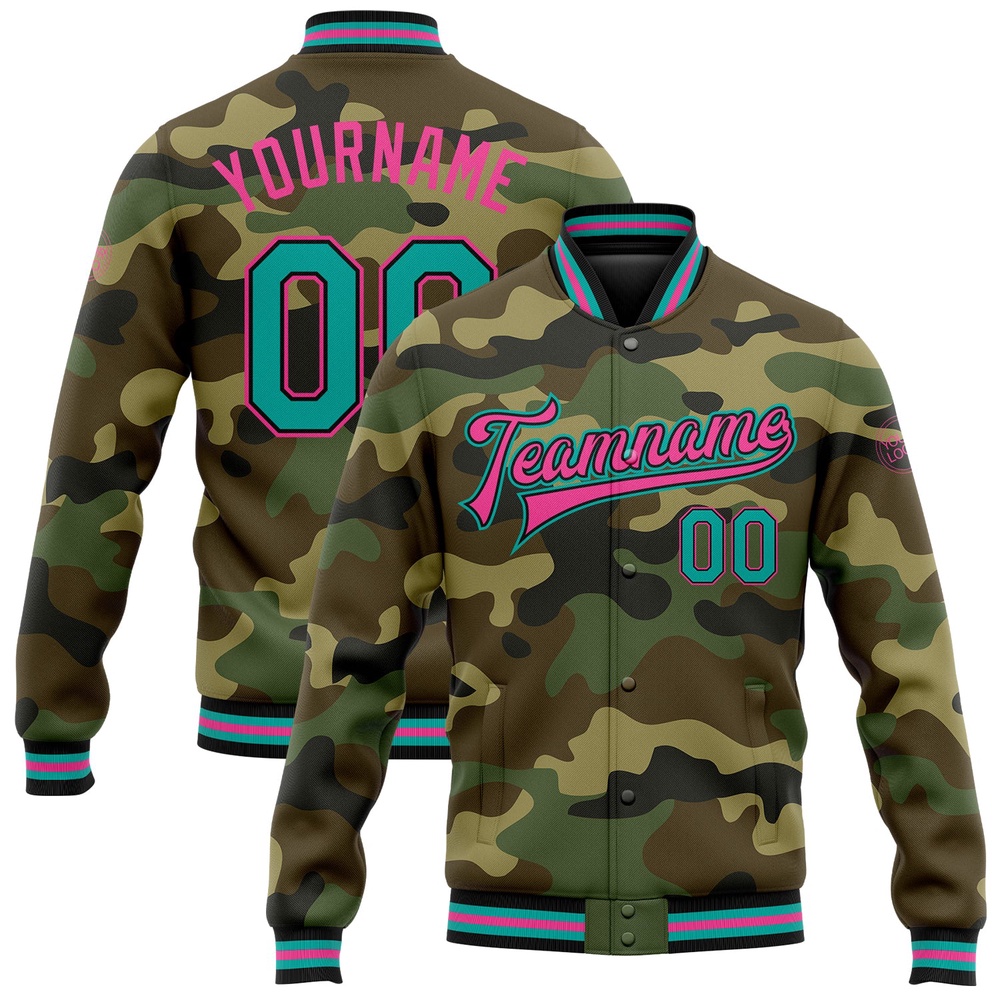 Custom Camo Aqua Black Pink Bomber Full Snap Varsity Letterman Salute To Service Jacket, Custom Team Jacket