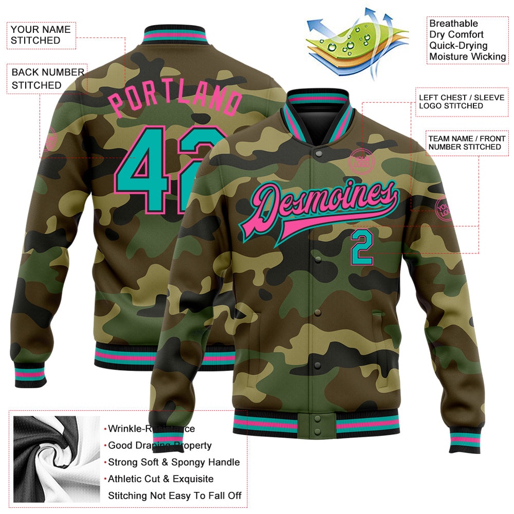 Custom Camo Aqua Black Pink Bomber Full Snap Varsity Letterman Salute To Service Jacket, Custom Team Jacket