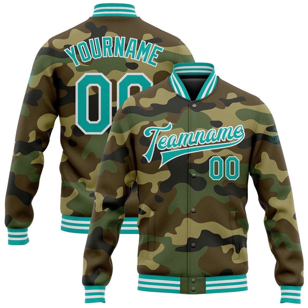 Custom Camo Aqua White Bomber Full Snap Varsity Letterman Salute To Service Jacket, Custom Team Jacket