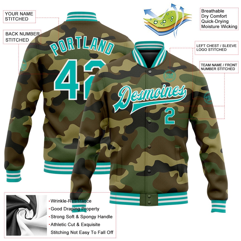 Custom Camo Aqua White Bomber Full Snap Varsity Letterman Salute To Service Jacket, Custom Team Jacket