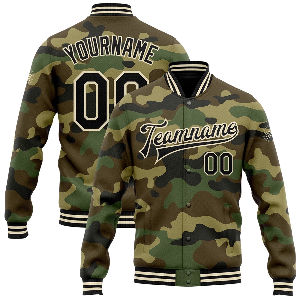 Custom Camo Black Cream Bomber Full Snap Varsity Letterman Salute To Service Jacket, Custom Team Jacket